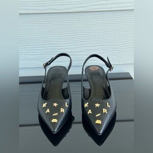 Karl Lagerfeld Black Pointed Slingback Flats with Gold Lettering